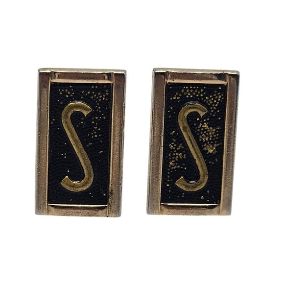SWANK Monogram Gold Black Enamel Cufflinks With "S" Initial Vintage - Picture 1 of 4
